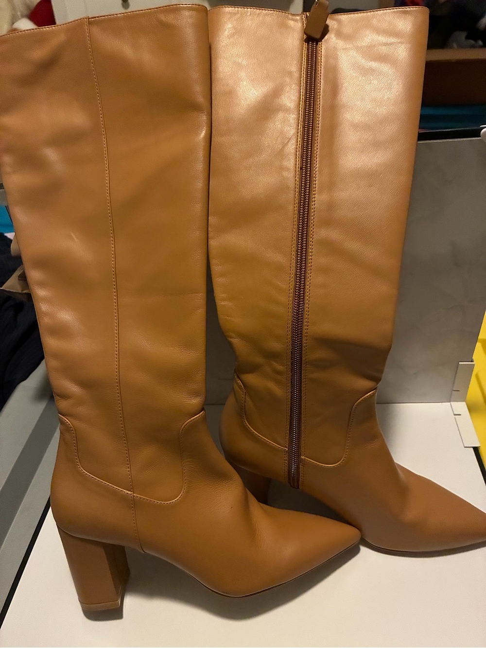 Stuart Weitzman Cognac Tan Knee-High Pointed-Toe Block Heel Boots